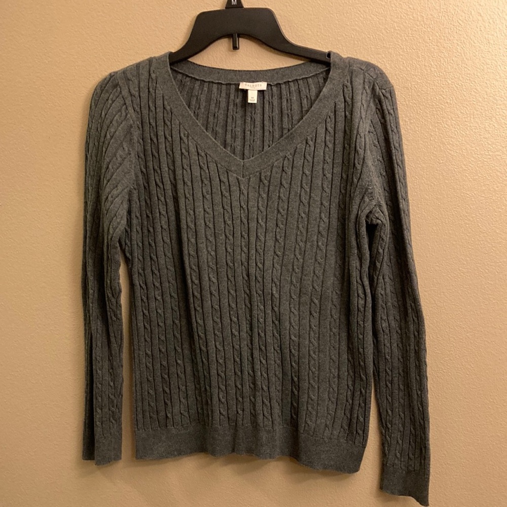 Talbots gray Vneck cable sweater. 100% cotton. Size medium